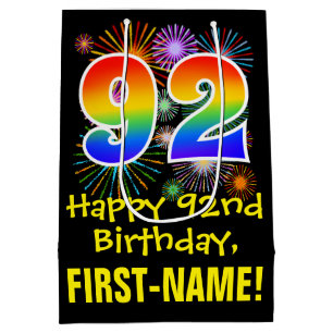 92. Geburtstag: Fun Fireworks Pattern + Rainbow 92 Mittlere Geschenktüte