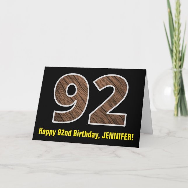 92. Geburtstag: Name + Imitate Holzkörnchen Muster Karte (Vorderseite)