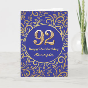 92. Geburtstag Navy Blue and Gold Floral Muster Karte