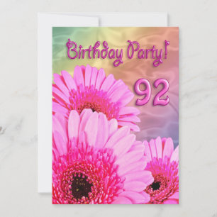 92nd Birthday Party Einladung with Pink Flowers