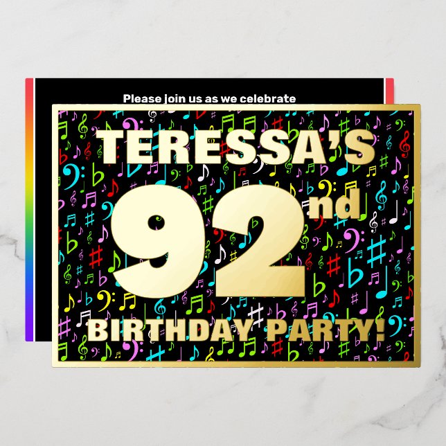 92nd Birthday Party — Fun, Colorful Music Symboc Folieneinladung (Vorderseite/Rückseite)