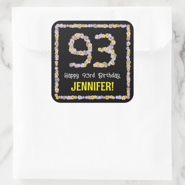 93. Geburtstag: Blumennummer, Individuelle Name, B Quadratischer Aufkleber (Tasche)