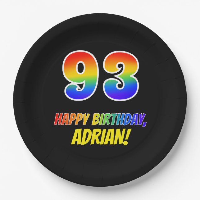 93. Geburtstag: Bold, Fun, Simple, Rainbow 93 Pappteller (Vorderseite)