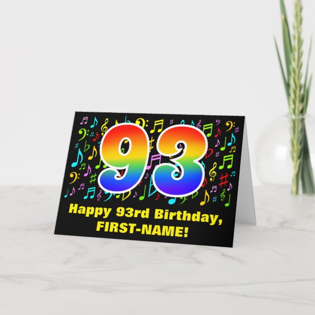 93. Geburtstag: Farbige Musiksymbole & Regenbogen  Karte (Vorderseite)