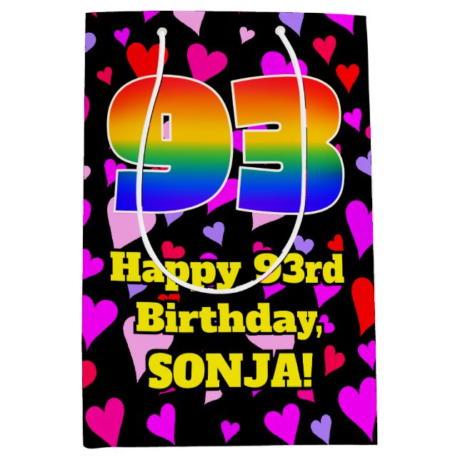 93. Geburtstag: Loving Hearts Pattern, Regenbogen  Mittlere Geschenktüte (Vorderseite)