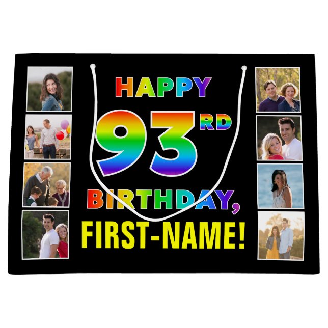93. Geburtstag: Regenbogentext, benutzerdefinierte Große Geschenktüte (Vorderseite)