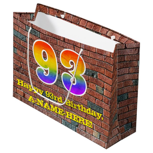 93. Geburtstag: Spaß, Graffiti-Inspiriert Regenbog Große Geschenktüte (Vorderseite Schrägansicht)