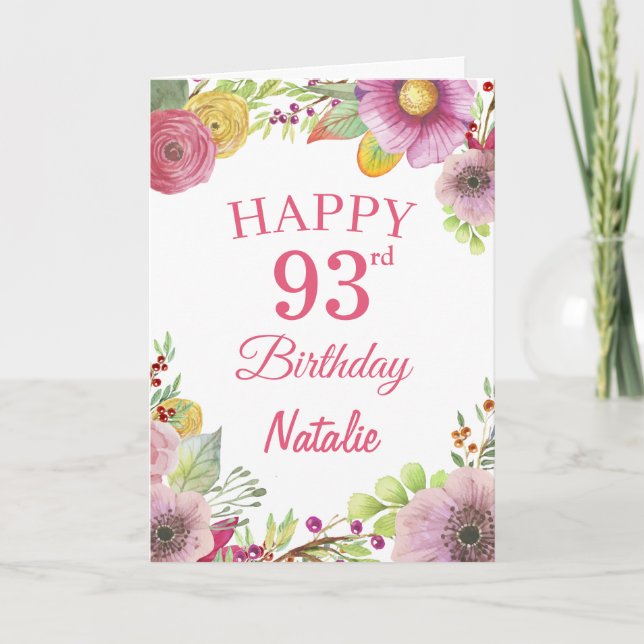 93e anniversaire Aquarelle Florale Flowers Carte r (Devant)