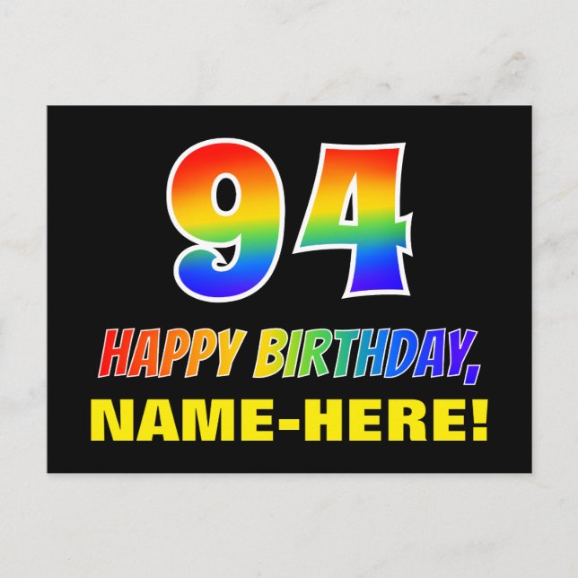 94. Geburtstag: Bold, Fun, Simple, Rainbow 94 Postkarte (Vorderseite)