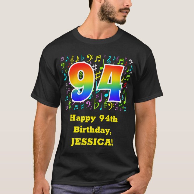 94. Geburtstag: Farbige Musiksymbole, Regenbogen 9 T-Shirt (Vorderseite)