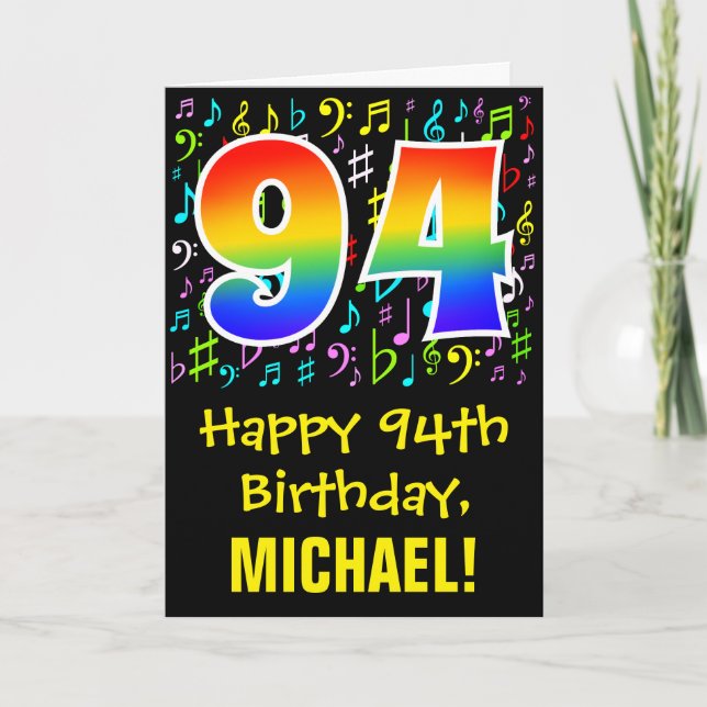 94. Geburtstag: Farbige Musiksymbole + Regenbogen  Karte (Vorderseite)