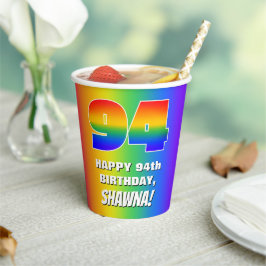 94. Geburtstag: Farbiges, lustiges Regenbogenmuste Pappbecher
