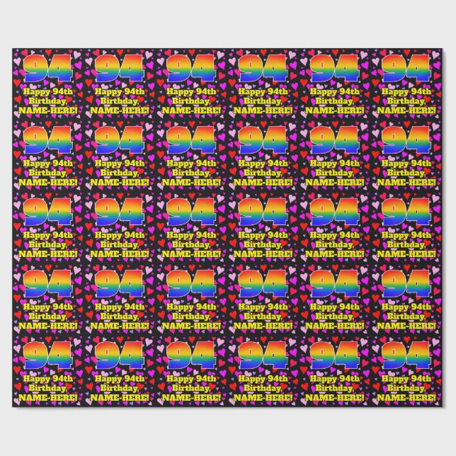 94. Geburtstag: Loving Hearts Pattern, Regenbogen  Geschenkpapier (Flach)