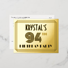 94th Birthday Party ~ Art Deco Style “94” + Name Folie Einladungspostkarte