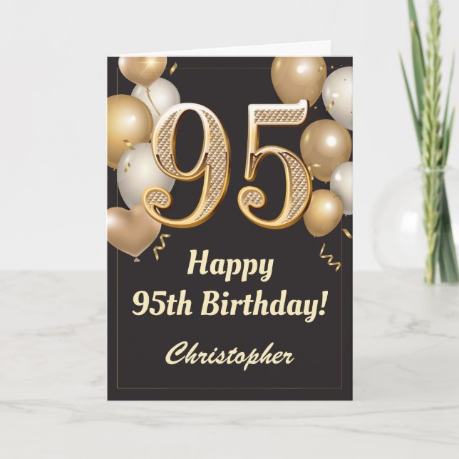 95. Geburtstag Black and Gold Balloons Confetti Karte (Vorderseite)