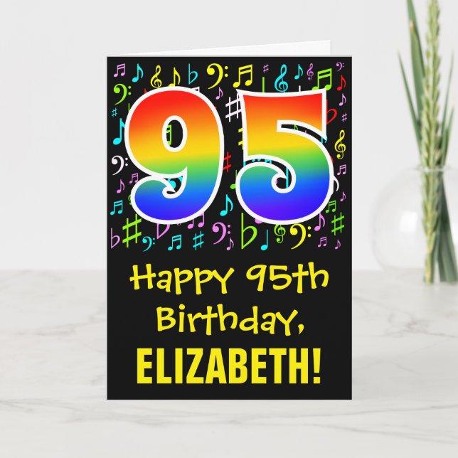 95. Geburtstag: Farbige Musiksymbole + Regenbogen  Karte (Vorderseite)
