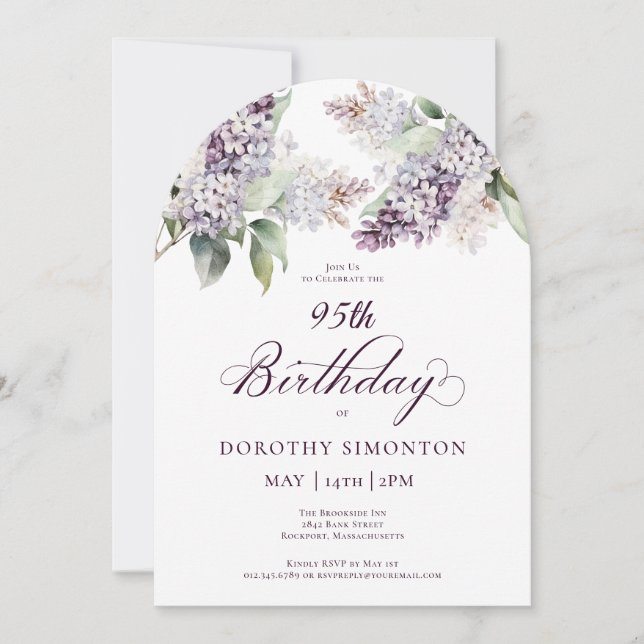 95. Geburtstag Lila Frühling Lilac Blume Arch Einladung (Vorderseite)