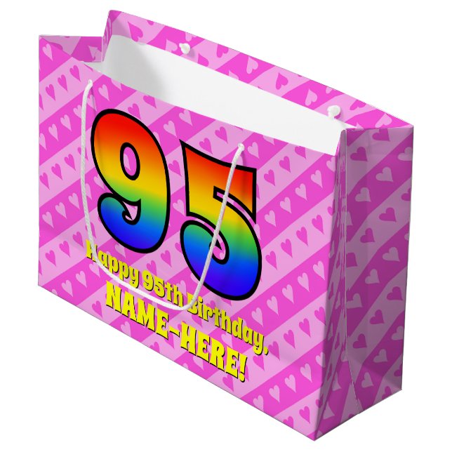 95. Geburtstag: Rosa Streifen & Herz, Regenbogen # Große Geschenktüte (Vorderseite Schrägansicht)
