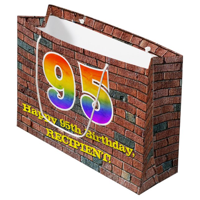 95. Geburtstag: Spaß, Graffiti-Inspiriert Regenbog Große Geschenktüte (Vorderseite Schrägansicht)