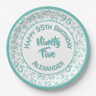 95. Geburtstag Zufallszahlenmuster Aquamarin/weiß Pappteller