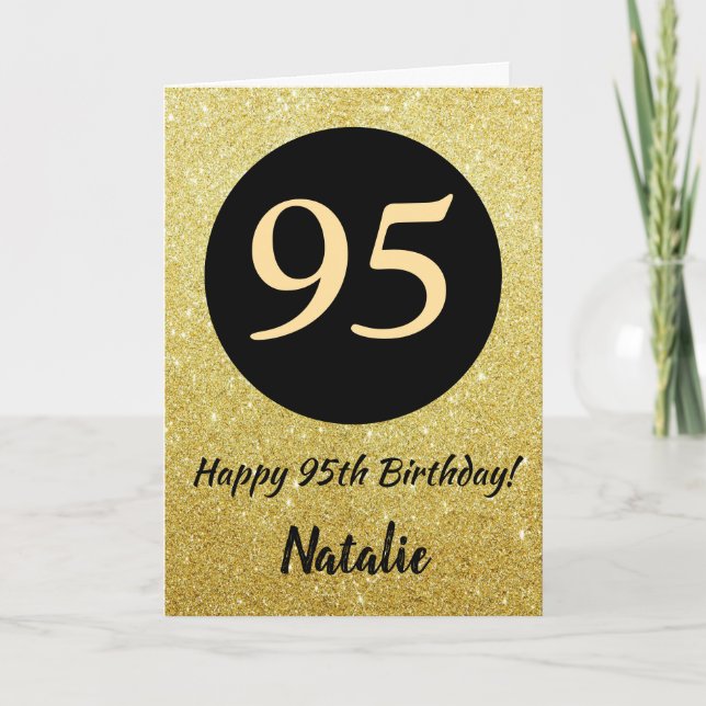 95. Happy Birthday Black and Gold Glitzer Card Karte (Vorderseite)