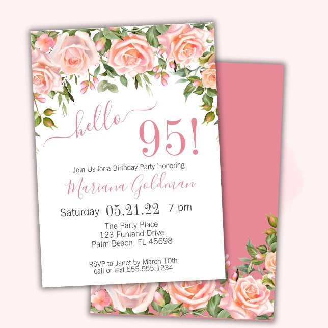 95e anniversaire Invitations Pink Floral Modern Pa (Créateur téléchargé)