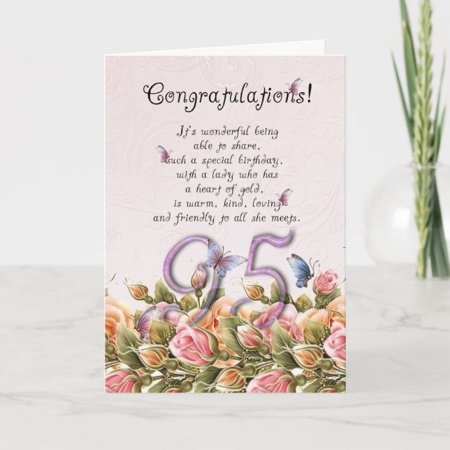 95ème anniversaire carte avec papillons et roses - (Devant)
