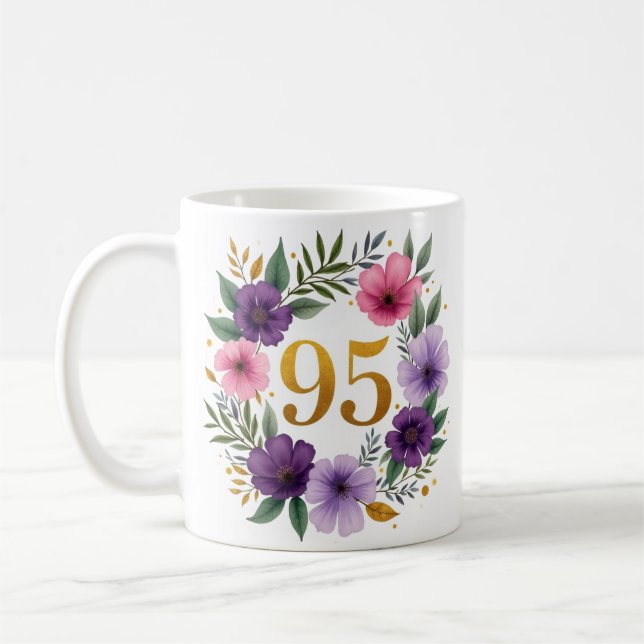 95ème Anniversaire Mug - Couronne florale avec num (Gauche)