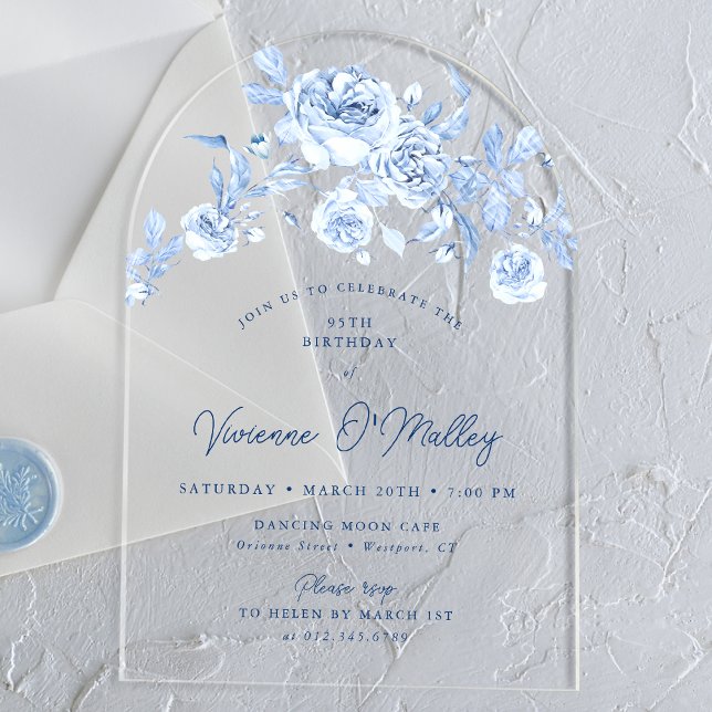 95th Birthday Party Dusty Blue Rose Floral Arch Acryleinladungen (Von Creator hochgeladen)