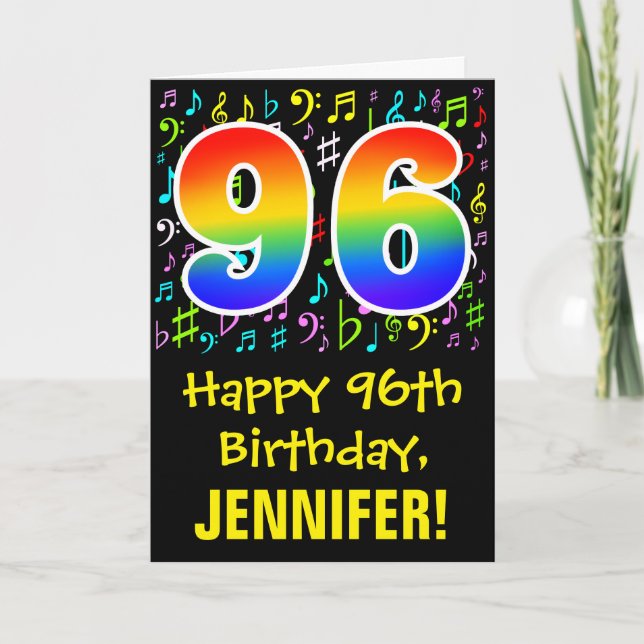 96. Geburtstag: Farbige Musiksymbole + Regenbogen  Karte (Vorderseite)