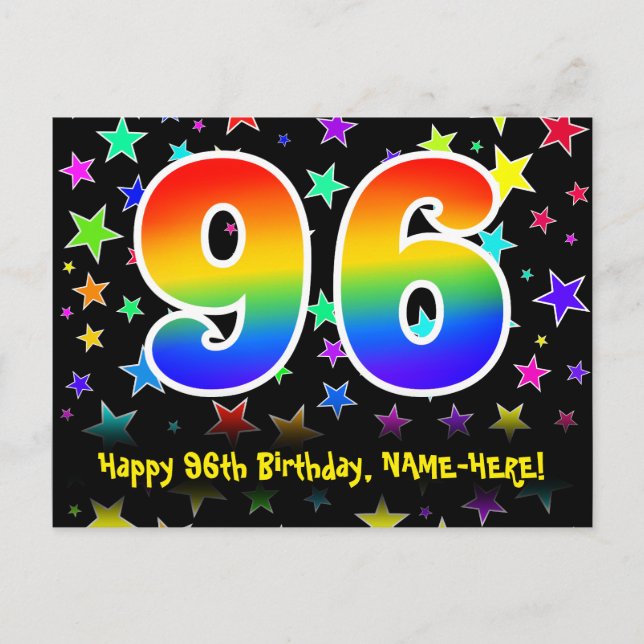 96. Geburtstag: Fun Stars Pattern, Regenbogen 96,  Postkarte (Vorderseite)