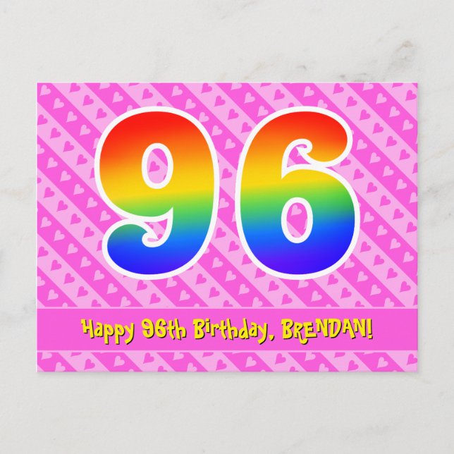 96. Geburtstag: Rosa Streifen & Herz, Regenbogen 9 Postkarte (Vorderseite)