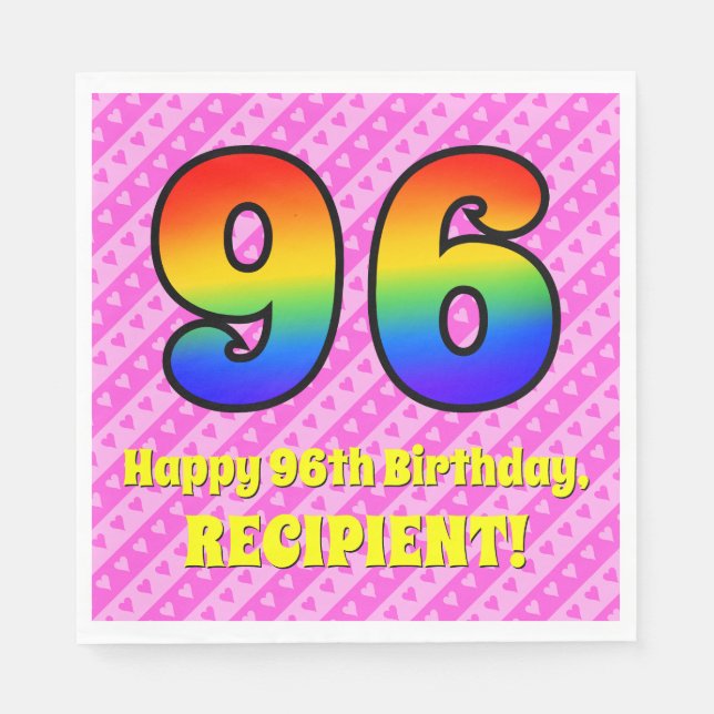 96. Geburtstag: Rosa Streifen & Herz, Regenbogen # Serviette (Vorderseite)