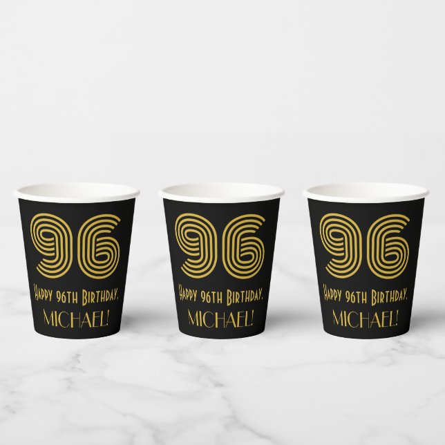 96th Birthday: Art Deco Inspired Look “96” & Name Pappbecher (Multi)