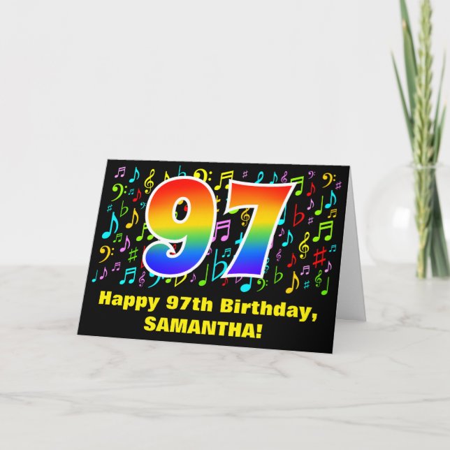 97. Geburtstag: Farbige Musiksymbole & Regenbogen  Karte (Vorderseite)