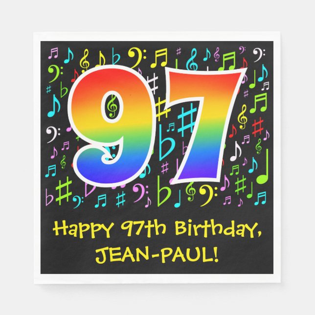 97. Geburtstag - Farbige Musiksymbole, Regenbogen  Serviette (Vorderseite)