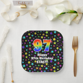 97. Geburtstag: Fun Stars Muster und Regenbogen "9 Pappteller
