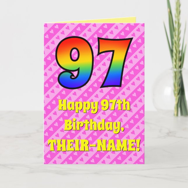 97. Geburtstag: Rosa Streifen & Herz, Regenbogen # Karte (Vorderseite)