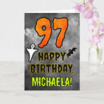 97th Birthday: Eerie Halloween Theme   Custom Name Karte<br><div class="desc">The front of this spooky and scary Hallowe’en themed birthday greeting card design feature a large number "97". It feature the message "HAPPY BIRTHDAY", and a custom name. There are also depiction of a ghost and bat on the front. The inside feature a custom birthday greeting message, or could perhaps...</div>