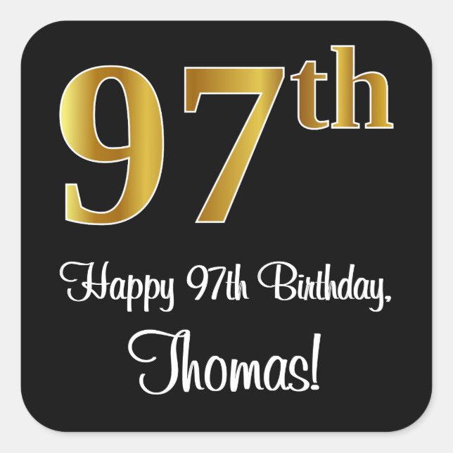 97th Birthday – Elegant Luxurious Faux Gold Look # Quadratischer Aufkleber (Vorderseite)