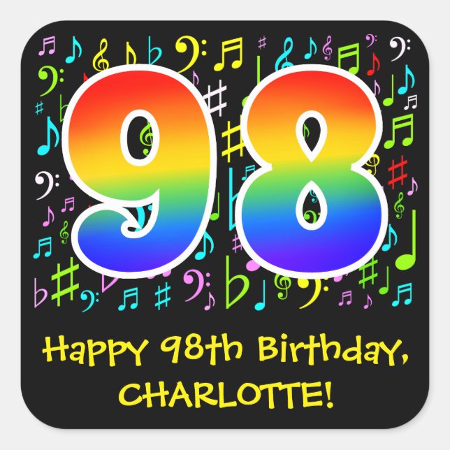 98. Geburtstag: Farbige Musiksymbole, Regenbogen 9 Quadratischer Aufkleber (Vorderseite)