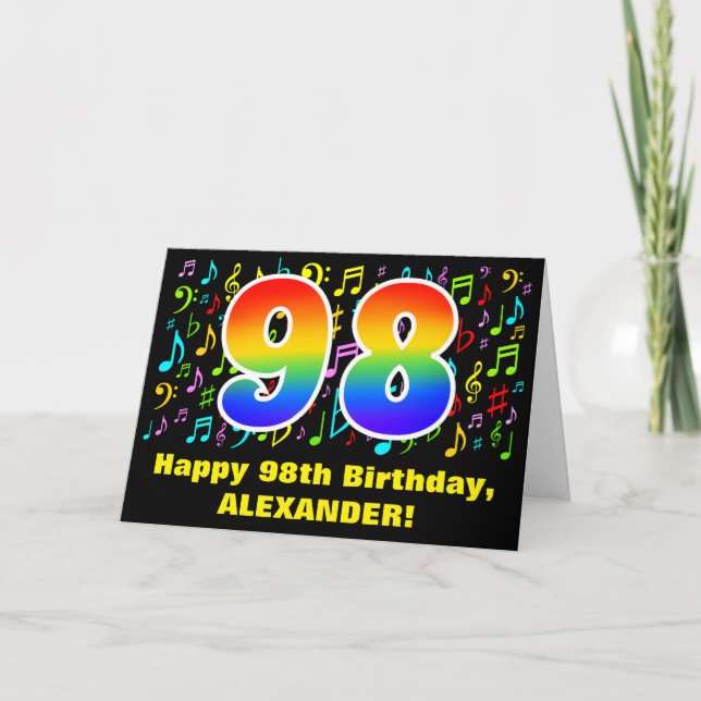 98. Geburtstag: Farbige Musiksymbole & Regenbogen  Karte (Vorderseite)