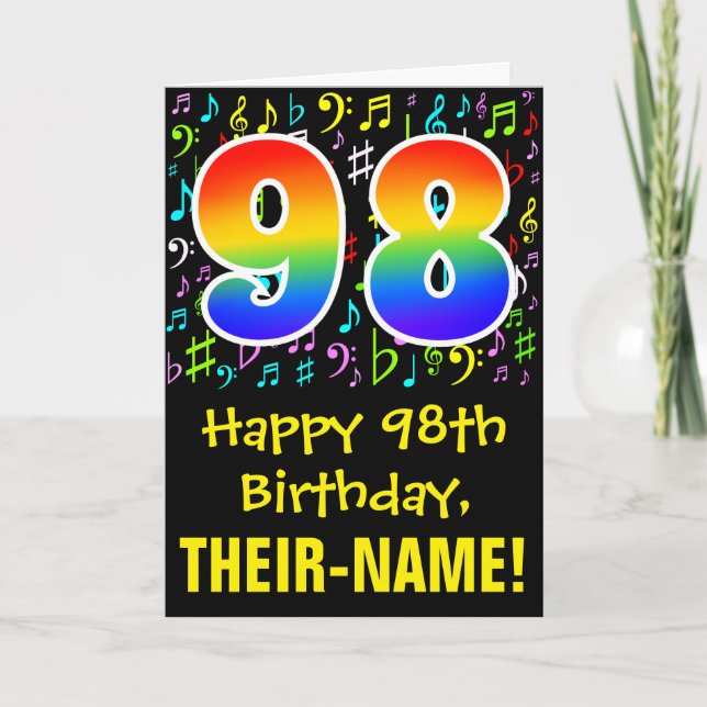 98. Geburtstag: Farbige Musiksymbole + Regenbogen  Karte (Vorderseite)