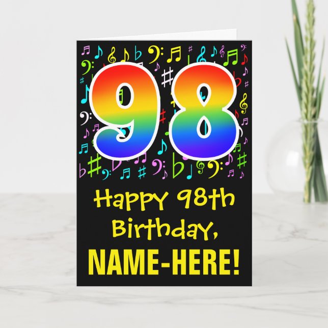 98. Geburtstag: Farbige Musiksymbole + Regenbogen  Karte (Vorderseite)