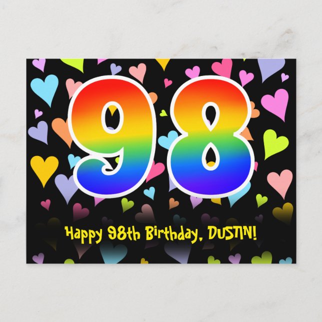 98. Geburtstag: Fun Hearts Muster, Regenbogen 98 Postkarte (Vorderseite)