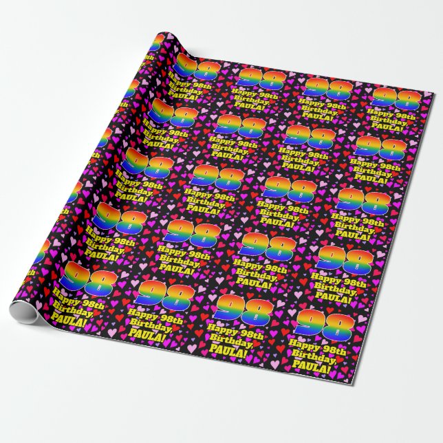 98. Geburtstag: Loving Hearts Pattern, Regenbogen  Geschenkpapier (Ungerollt)