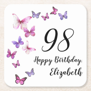 98. Geburtstag Pink Purple Schmetterlinge Rechteckiger Pappuntersetzer