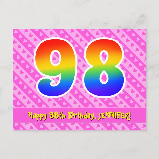 98. Geburtstag: Rosa Streifen & Herz, Regenbogen 9 Postkarte (Vorderseite)
