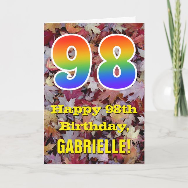 98. Geburtstag; Rustikale Herbstblätter; Regenboge Karte (Vorderseite)