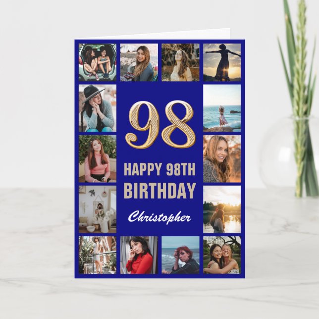 98. Happy Birthday Navy Blue & Gold Foto Collage Karte (Vorderseite)